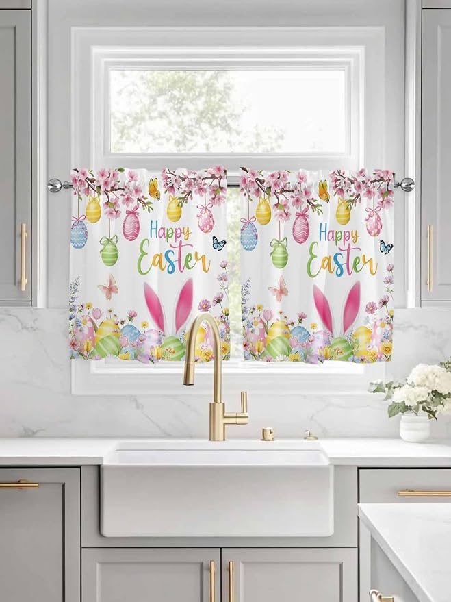 Happy Easter Half Window Curtain 36 Inches Long, Spring Watercolor Bunny Eggs - Image 3