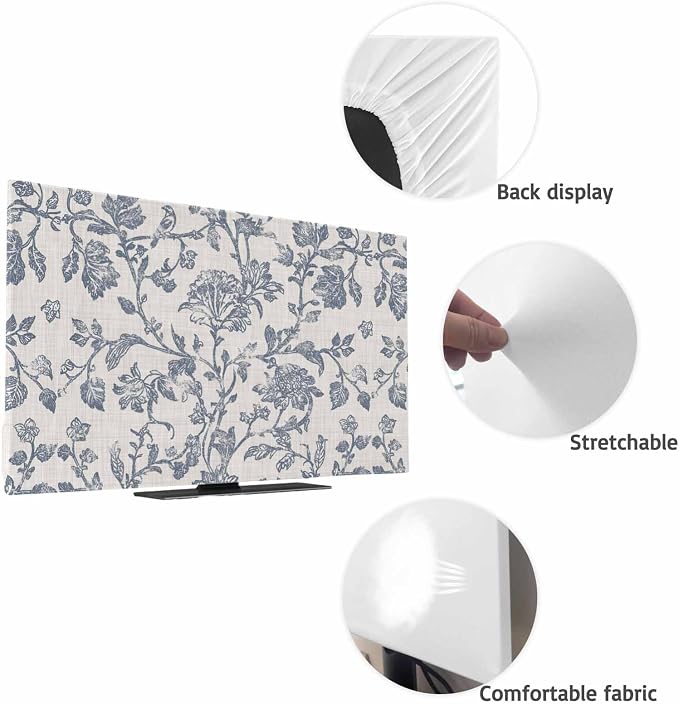 Rustic Blue Flower Leaves Sketch Indoor TV Cover, Elastic TV Screen Protector - Image 7