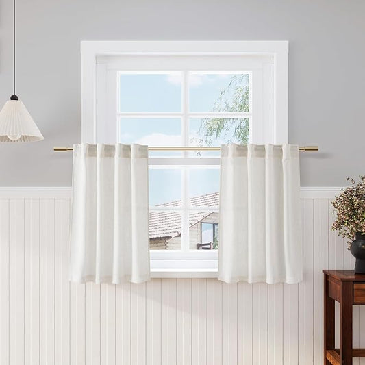 Nanspring 30 Inch Long Cream Curtains for Kitchen Linen Blend Semi Sheer Back Tab and Rod Pocket Light Filtering for Bathroom Small Window Curtain 25 x 30 Inch,2 Panels
