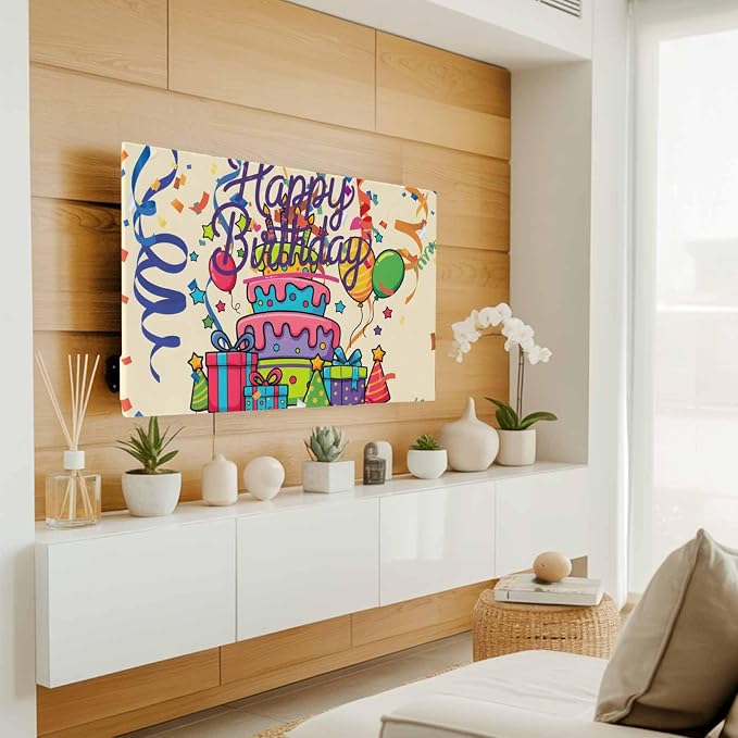 Happy Birthday Words Indoor TV Cover, Elastic TV Screen Protector Cake Balloon - Image 2