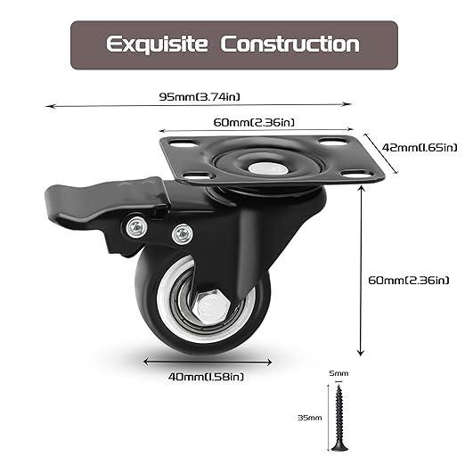 Alise Caster Wheels, 1.5" Swivel Caster Set of 4, Steel Core Rubber Heavy Duty - Image 2