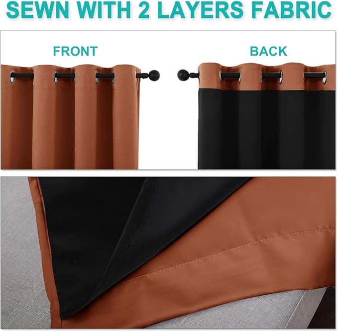 NICETOWN 100% Blackout Window Curtain Panels, Cold and Full Light Blocking Drapes with Black Liner for Nursery, 84 inches Drop Thermal Insulated Draperies (Burnt Orange, 2 PCs, 62" Wide Each Panel)