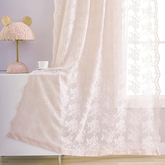 YJ YANJUN Vintage Lace Curtains 63 Inch Length 2 Panels Set Cute Floral Designs Dusty Pink Sheer Curtain Panels for Girls Bedroom with Wavy Edge Rod Pocket, 52 x 63 Inch, Blush Pink