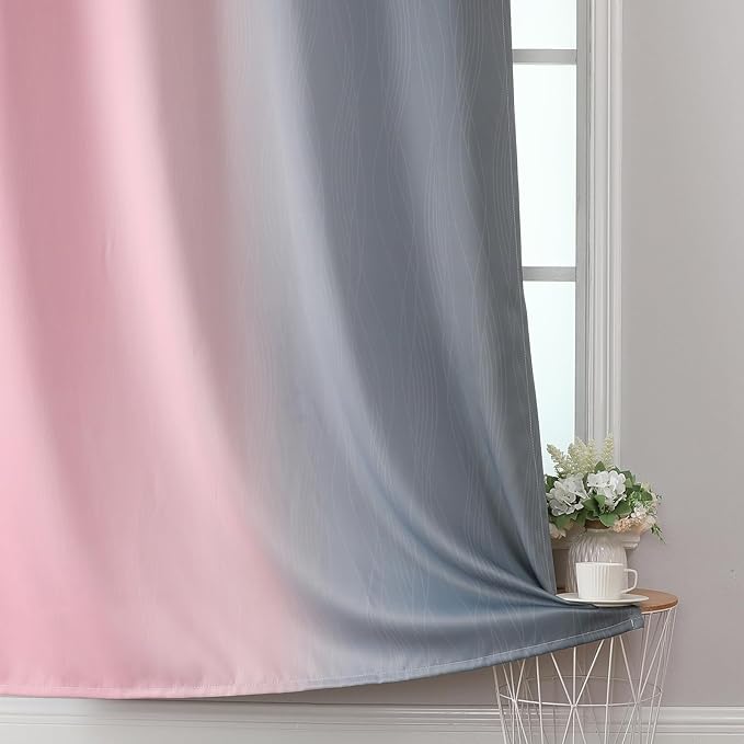 Estelar Textiler Ombre Gray and Pink Blackout Curtains 63 Inch Length 2 Panels, Full Light Blocking Curtains for Kids Room, Grommet Thermal Insulated Gradient Drapes for Girl's Room, 52x63 Inch