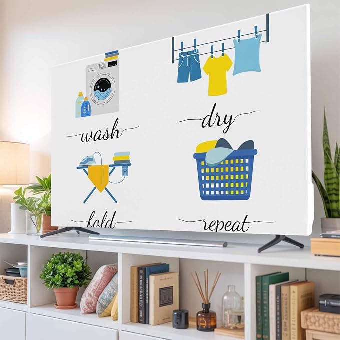 Laundry Room Wash Text Indoor TV Cover, Elastic TV Screen Protector Blue and - Image 6