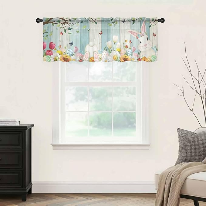 Easter Sheer Valances for Windows 42"x18", Light Filtering Kitchen Curtains - Image 9