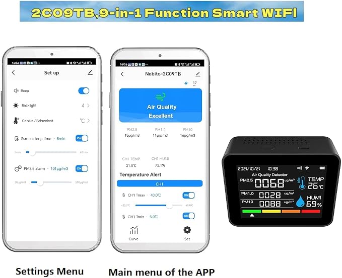 2CO9TB Smart WiFi Air Quality Monitor, Air Dust PM2.5 PM1.0 PM10 and Thermometer - Image 5