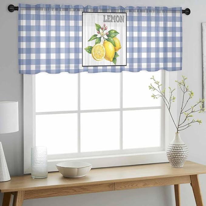 Lemon Sheer Valance Curtains, Summer Fruit Floral Wood Grain Blue Plaid Light - Image 3