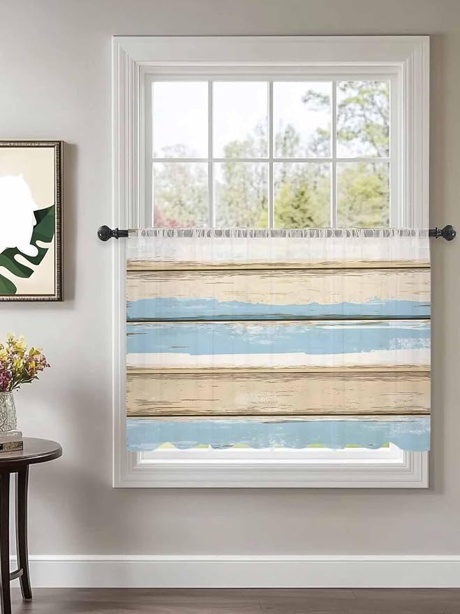 Sheer Curtains 54 Inch Length, Vintage Geometric Blue Semi Sheer Curtains Light - Image 2