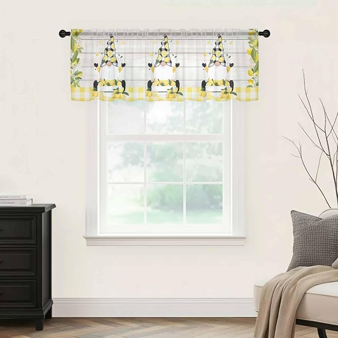 Lemon Dwarfs Sheer Valance Curtains, Gnome Green Leaf Wood Striped Black Plaid - Image 5
