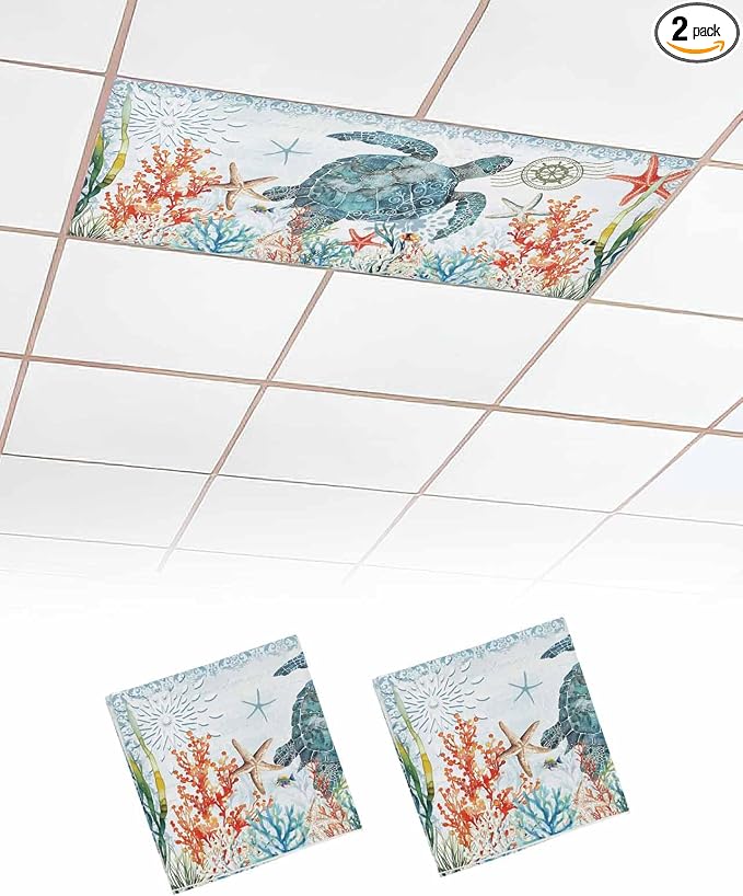 2 Pack Teal Blue Sea Turtle Fluorescent Light Covers Coastal Ocean Coral by Unknown