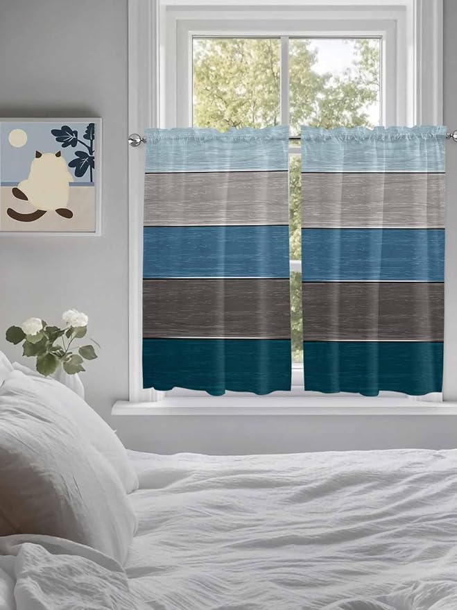 Retro Farm Blue Gray Wood Grain Window Valance Curtains, Rustic Wooden Plank - Image 4