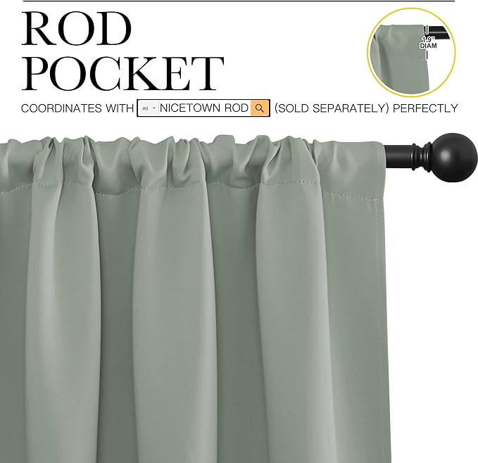 NICETOWN Window Curtains Blackout Drapes - Thermal Insulated Solid Rod Pocket Blackout Curtains/Draperies for Living Room (Greyish Green, One Pair, 34 by 54-Inch)