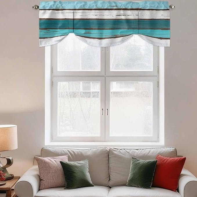 Turquoise Teal Tie Up Valance Curtains - Image 3