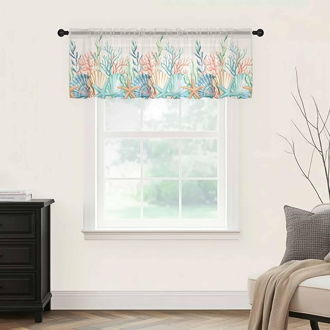 Summer Beach Sheer Valance Curtains, Ocean Colorful Coral Shell Seaweed - Image 5