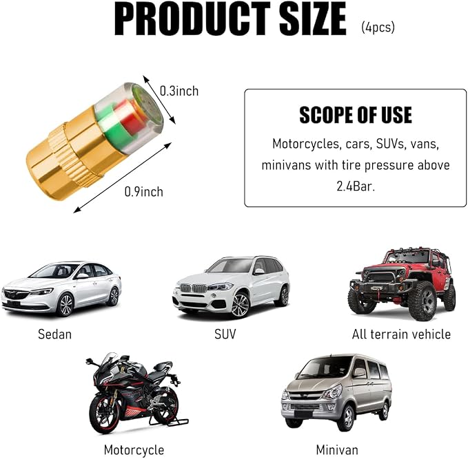 Yourkar 4 PCS Tire Pressure Monitor Valve Stem Caps, 2.4Bar 36PSI Car Tire - Image 2