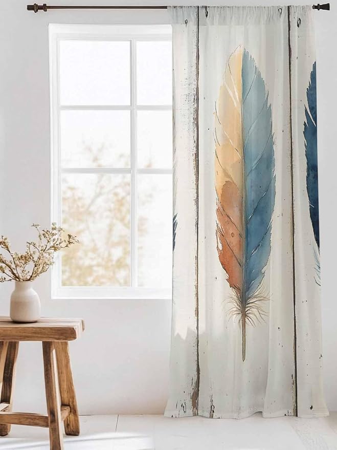 Sheer Curtains 96 Inches Long, Boho Ombre Vintage Wooden Grain Privacy Voile - Image 3