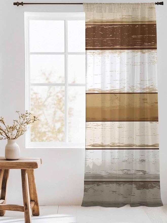 Sheer Curtains 108 Inches Long, Vintage Country Geometric Striped Privacy Voile - Image 3