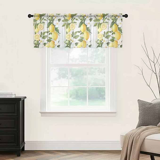 Spring Summer Lemon Sheer Valance Curtains, Leaf Flower White Wood Grain Light - Image 5