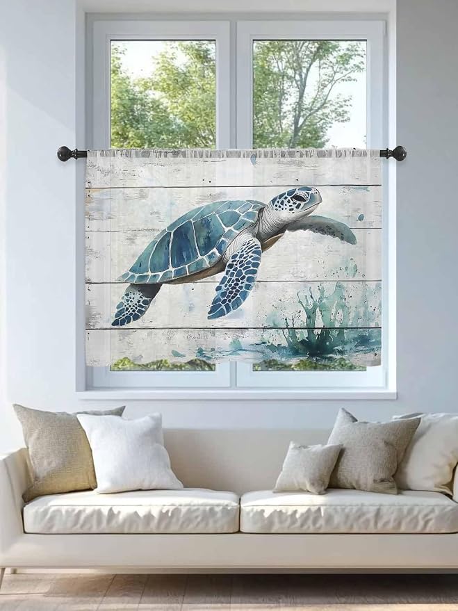 Sheer Curtains 45 Inch Length, Teal Green Sea Turtle Semi Sheer Curtains Light - Image 4