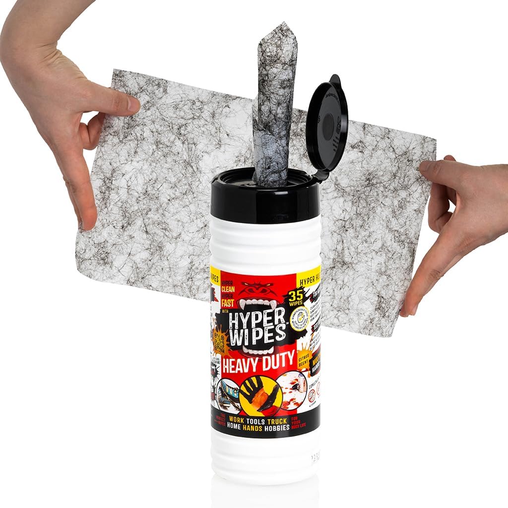Hyper Wipes, 4 Pack Heavy Duty Hand & Tool Cleaning Wipes, 7"x12" Size Multi-Surface Cleaning Wipes, Degreasing, All Purpose Cleaner, Bathroom, Mechanic, Work Surface Wipes, 140 Count Canister