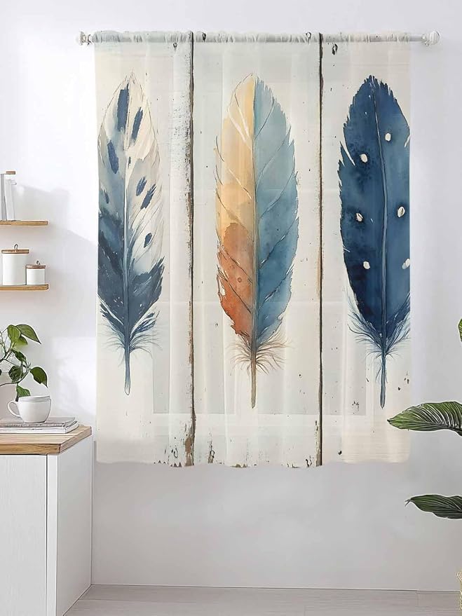 Sheer Curtains 63 Inch Length, Boho Ombre Vintage Wooden Grain Privacy Voile - Image 2