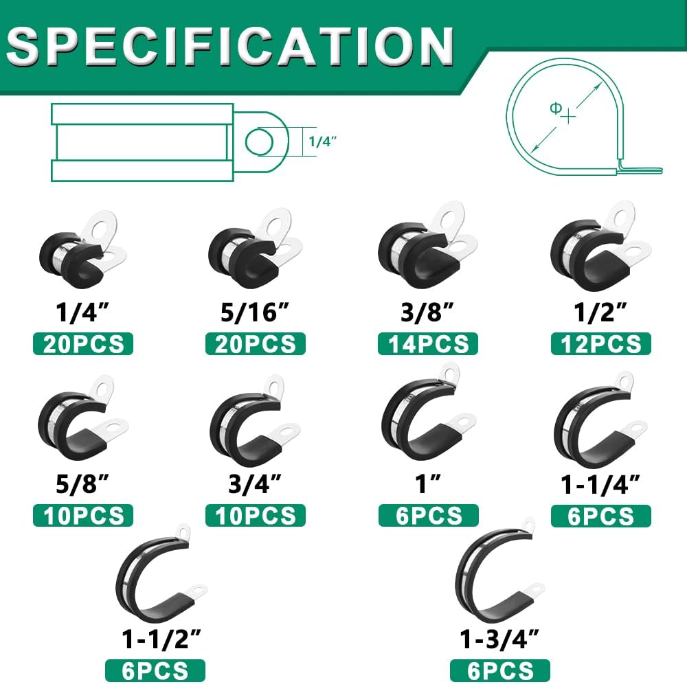 110PCS Cable Clamps Assortment Kit,10 Sizes—1/4" 5/16" 3/8" 1/2" 5/8" 3/4" 1" 1-1/4" 1-1/2" 1-3/4" Stainless Steel Rubber Coated Cushioned Insulated Cable Clamp,Automotive Wire Pipe Clamps