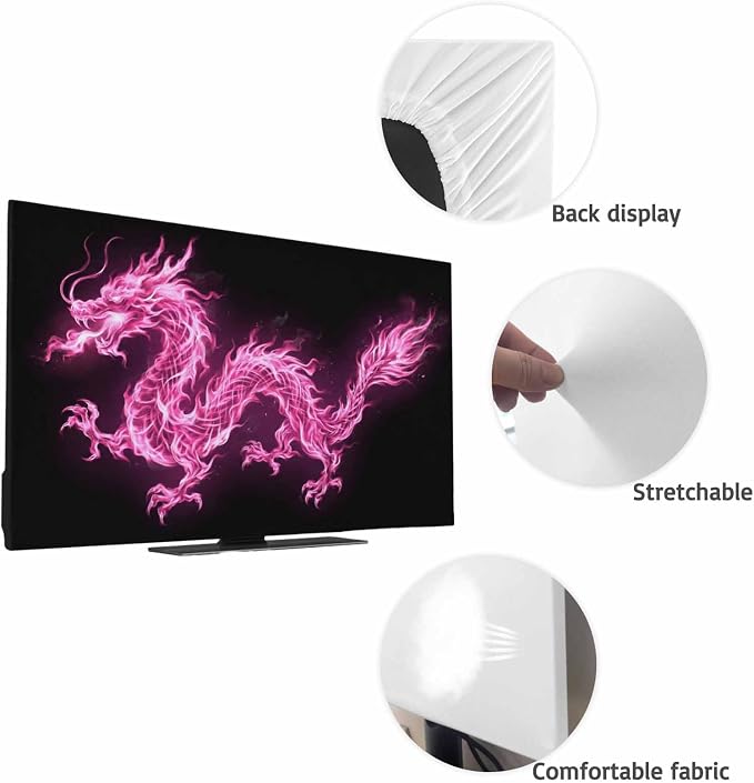 Abstract Pink Flames Dragons on Black Indoor TV Cover, Elastic TV Screen - Image 7