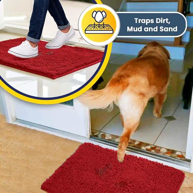 Muddy Mat® | Super Absorbent Door Mat Indoor, Microfiber Quick Dry Chenille Entryway Rug, Non-Slip Front Door Mat, Indoor Mats for Entryway, Machine Washable Pet Rug, Red 48"x60"