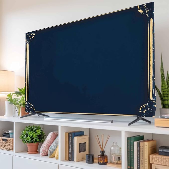 Navy Blue Retro Floral Border Indoor TV Cover, Elastic TV Screen Protector by Unknown