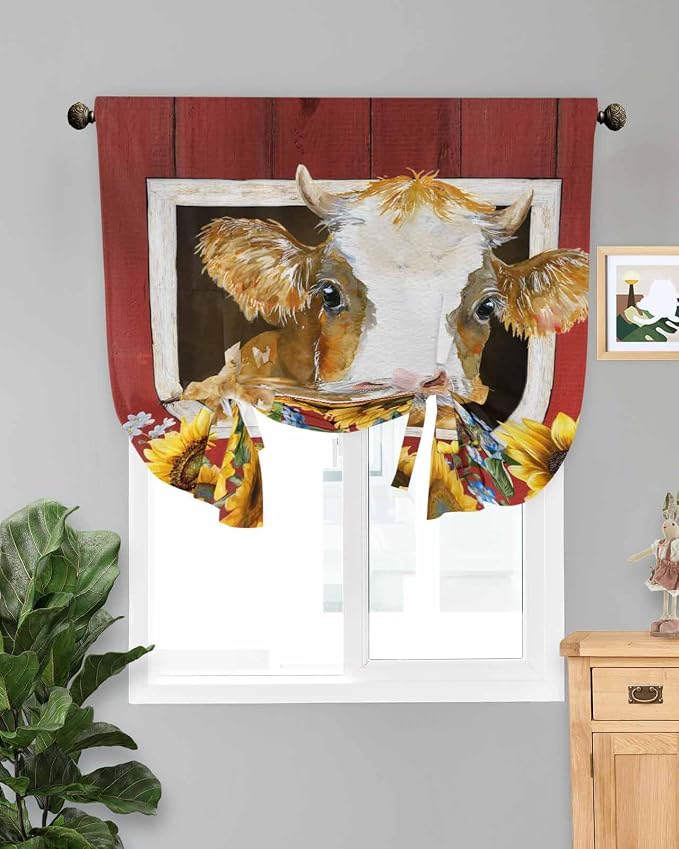 Tie Up Curtains for Windows, Cows Sunflowers Adjustable Balloon Nature Linen by Anzona