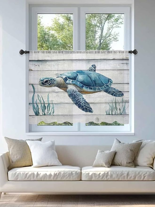 Sheer Curtains 45 Inch Length, Sea Turtle Blue Semi Sheer Curtains Light - Image 4