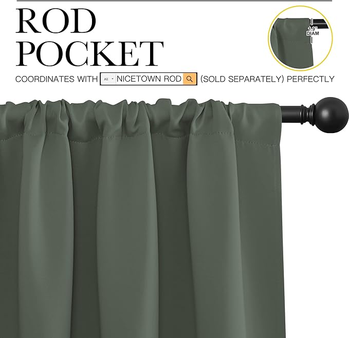 NICETOWN Bedroom Curtains Blackout Draperies - All Season Thermal Insulated Solid Rod Pocket Top Blackout Curtains/Drapes for Kid's Room (Dark Mallard, 1 Pair, 29 x 50Inch)