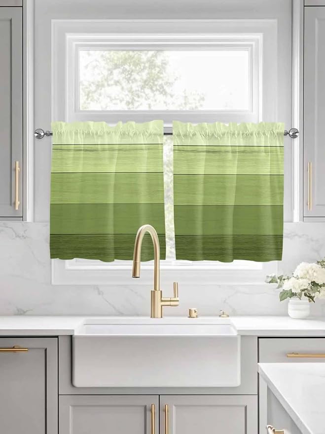 Gradient Green Wooden Board Window Valance Curtains, Retro Country Wood Grain - Image 2
