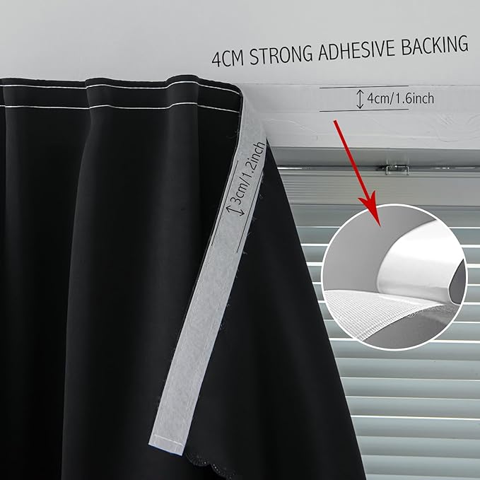 Adhesive Blackout Curtains- Self Stick Curtain No Rod Needed Easy to Hang Curtain, Use for Bedroom, Living Room, Dining Room, Kitchen, 47" W X 84" L, Black, 1 Panel
