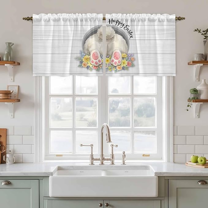 Easter Bunny Kitchen Tier Curtains 24 Inch Long 2 Panel Set, Rod Pocket Cafe - Image 3