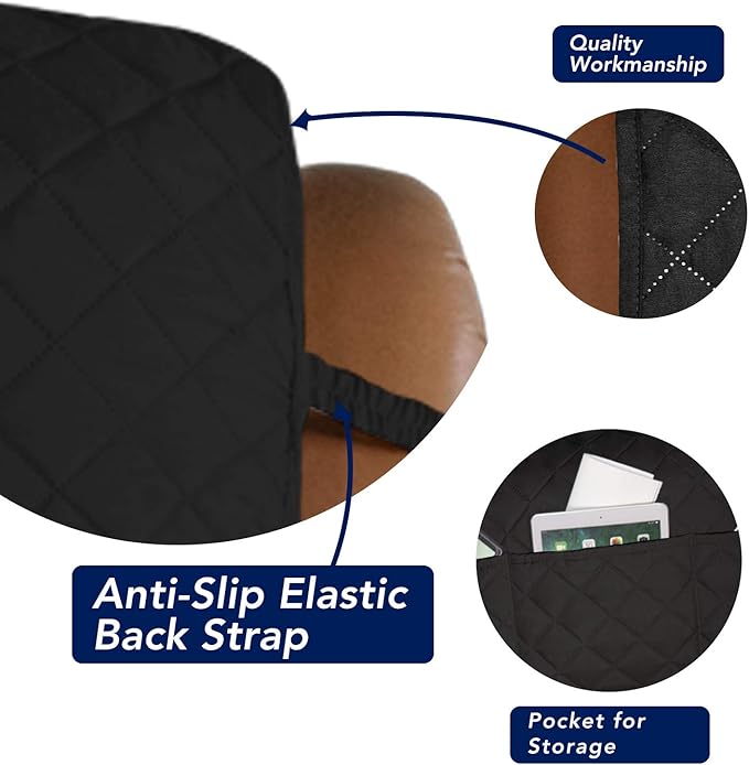 PureFit Reversible Quilted Oversized Recliner Sofa Cover, Water Resistant Furniture Protector, Washable Couch Cover with Elastic Straps for Kids, Dogs, Pets (Large, Black/Beige)