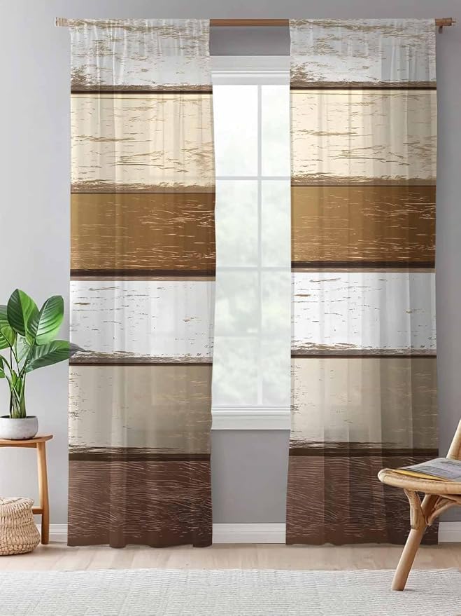 Sheer Curtains 108 Inches Long, Vintage Geometric Brown Semi Sheer Curtains - Image 5