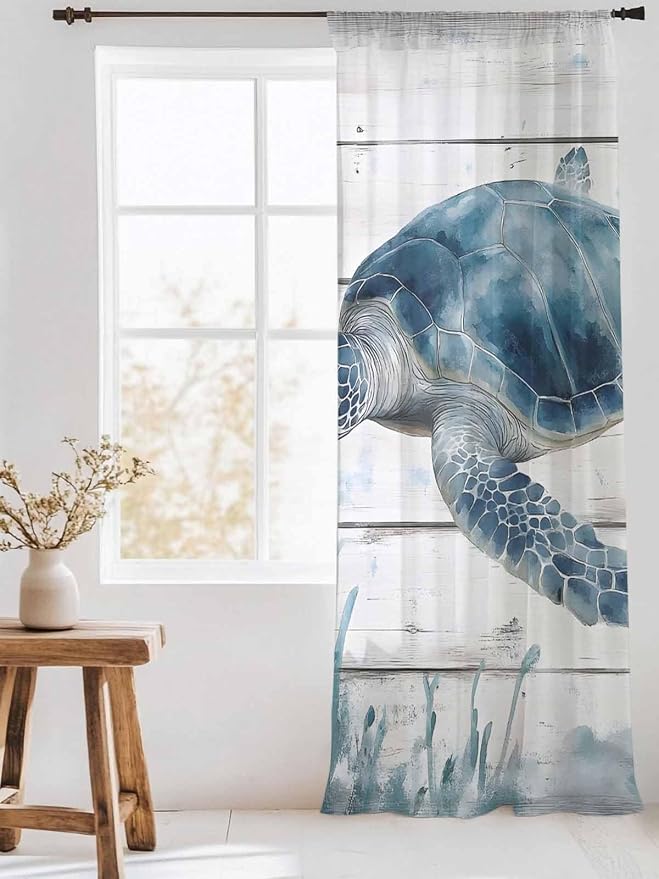 Sheer Curtains 108 Inches Long, Ocean Sea Turtle Semi Sheer Curtains Light - Image 3