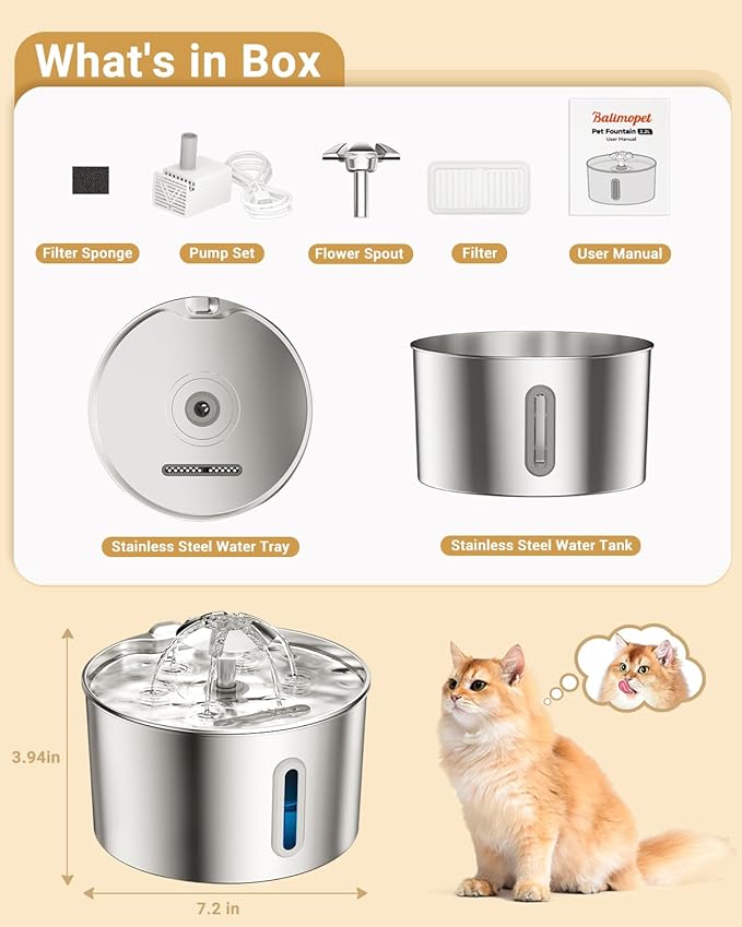 Cat Water Fountain Stainless Steel - 74oz/2.2L Automatic Large Pet Watering - Image 7