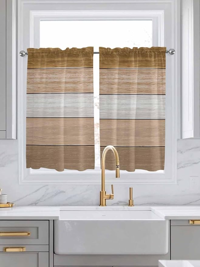 Retro Farm Wood Board Window Valance Curtains, 2 Panel by IDOWMAT