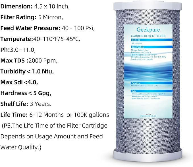 Geekpure 10 Inch Whole House Replacement Water Filters Set w/PP and Carbon - Image 3