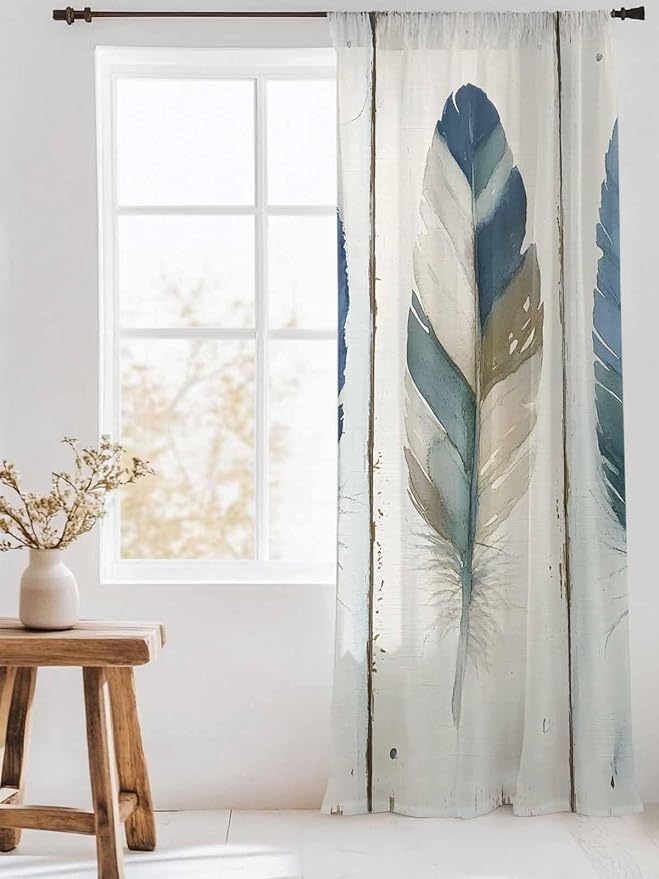 Sheer Curtains 84 Inches Long, Boho Blue Feathers Semi Sheer Curtains Light - Image 3