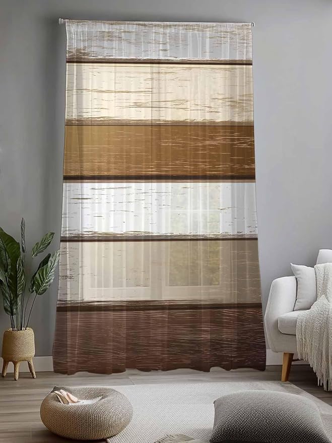 Sheer Curtains 84 Inches Long, Vintage Geometric Brown Semi Sheer Curtains - Image 2