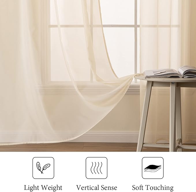 MIULEE 2 Panels Solid Color Sheer Window Curtains Elegant Window Voile Panels/Drapes/Treatment for Bedroom Living Room (54 X 45 Inches Cream Beige)