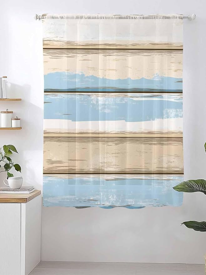 Sheer Curtains 72 Inches Long, Vintage Geometric Blue Semi Sheer Curtains Light - Image 2