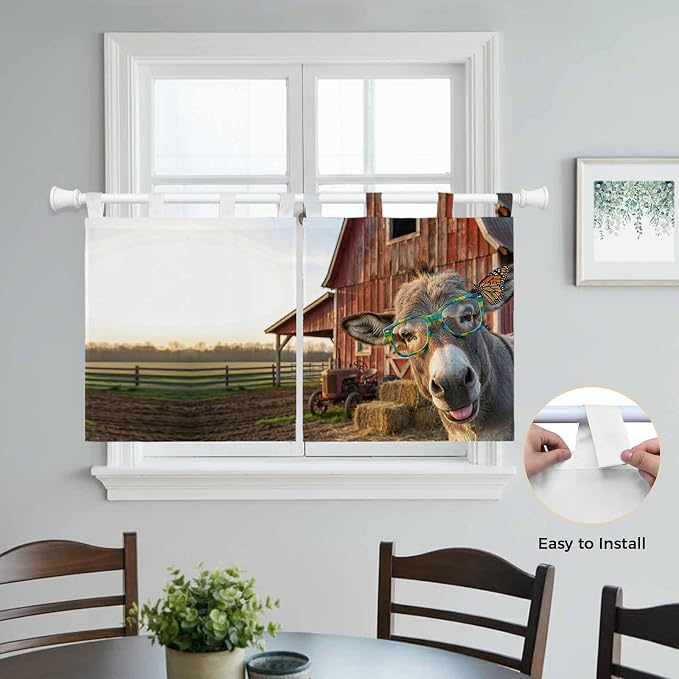 Farm Donkeys Kitchen Curtains 24 Inch Length, Small Window Curtains Tab Top - Image 4