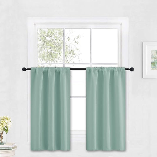 RYB HOME Kitchen Blackout Curtains Over Sink 36 inch Length, Rod Pocket Summer Light UV Blocking Energy Efficient, Cabinet Shelf Cupboard Coverings, Width 29 by Length 36, Aqua, 2 Panels