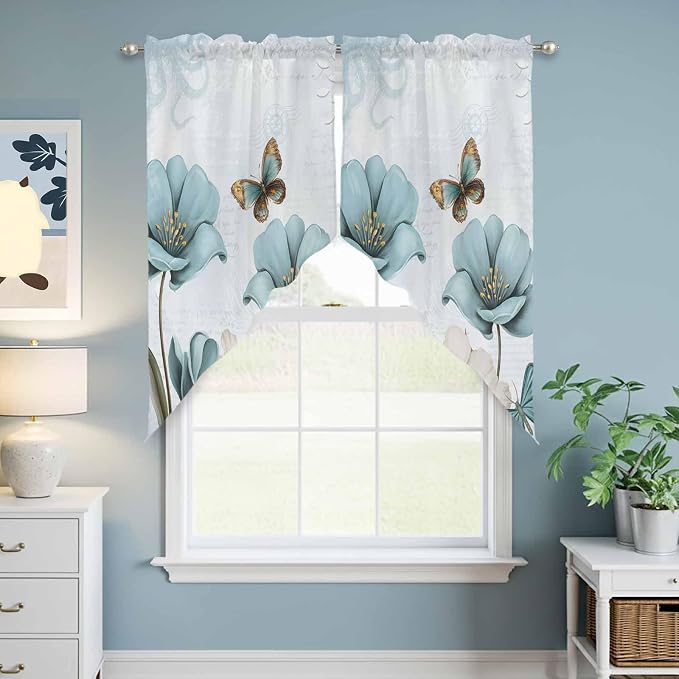 Blue Tulips Swag Valances for Windows, Watercolor Flowers Butterfly Spring - Image 6