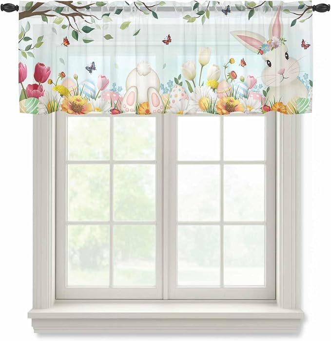 Easter Sheer Valances for Windows 42"x18", Light Filtering Kitchen Curtains by Unknown